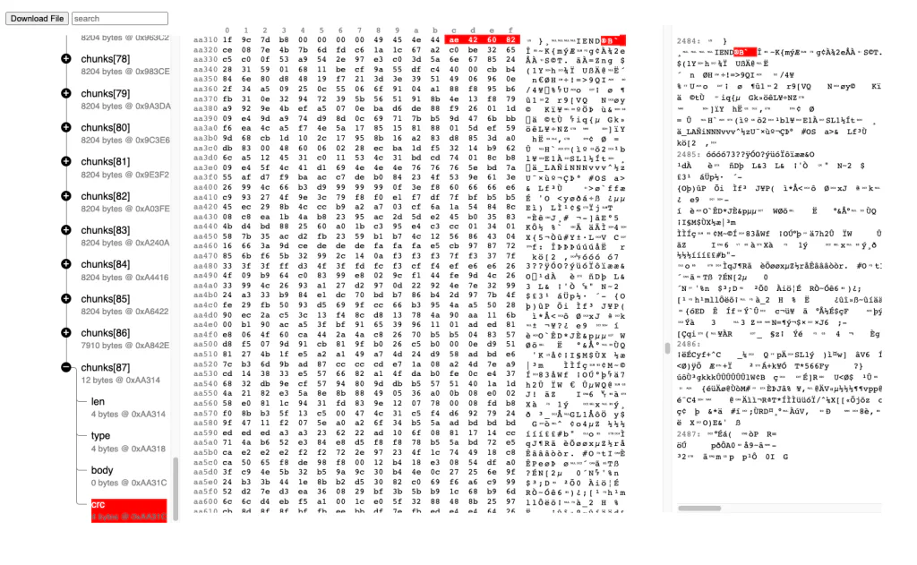 PolyFile showing IEND chunk and blind spot location