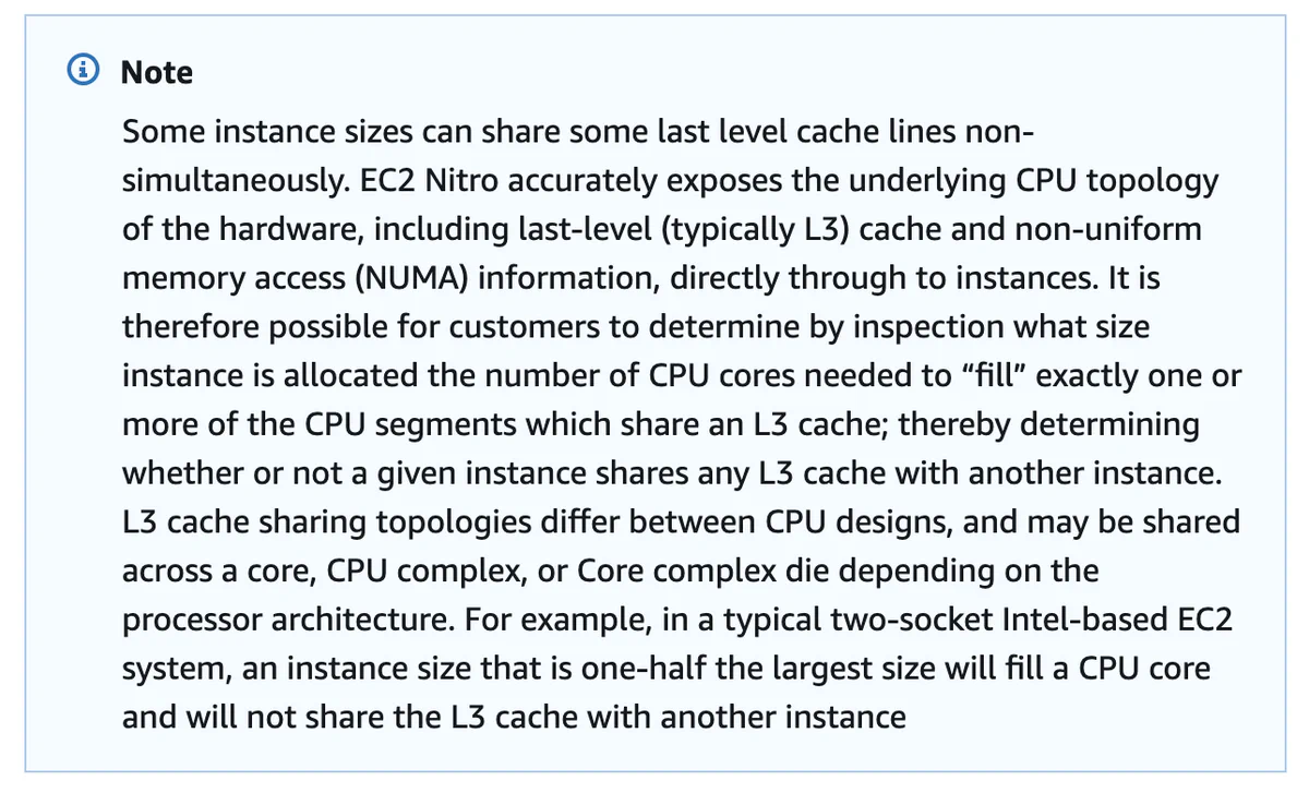 Figure 4: An excerpt from the AWS white paper, stating that instances with one-half the max amount of CPUs should fill a whole CPU core (socket?)