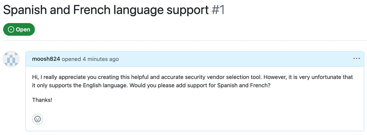 Screenshot of a normal looking GitHub issue asking for Spanish and French language support