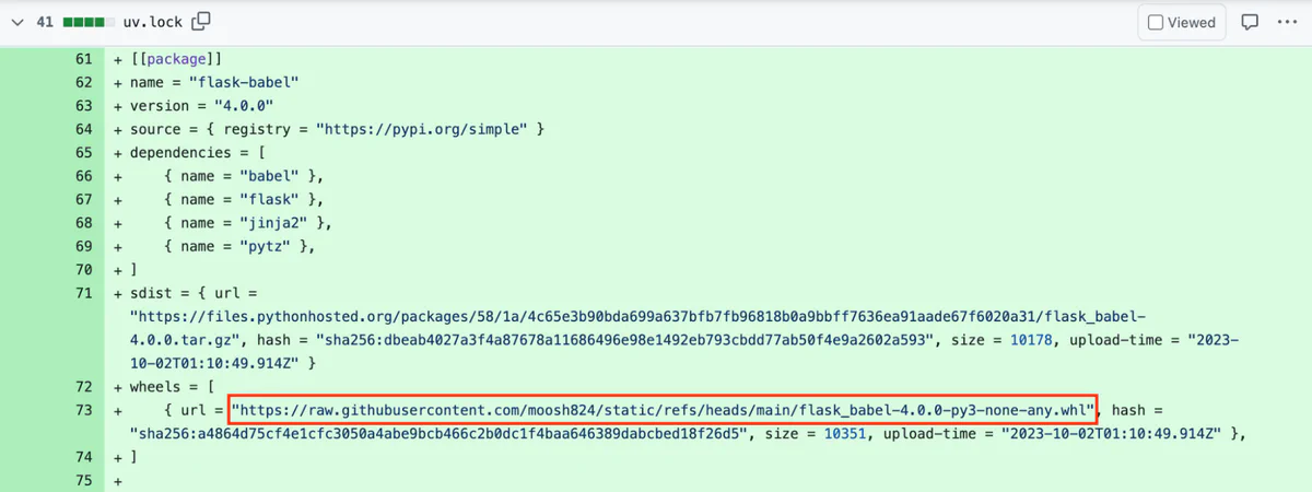 The GitHub diff view of uv.lock, with a red box around the malicious wheel URL