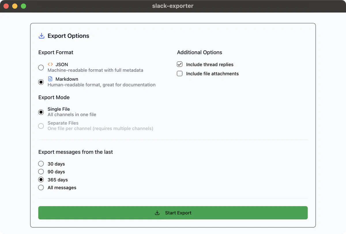Figure 4: Export options in the Slack exporter Electron app implementation*