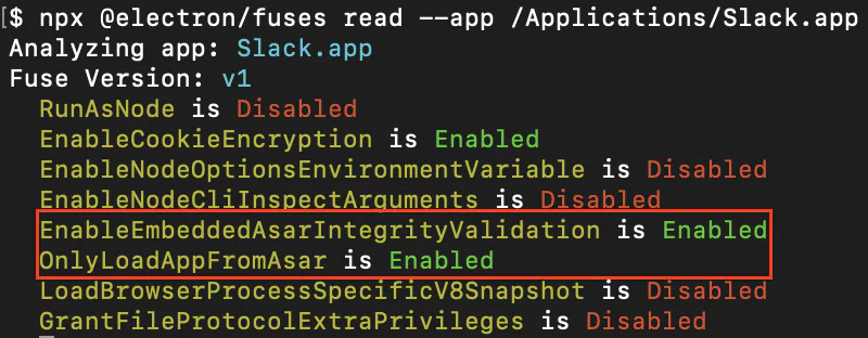 Figure 1: EnableEmbeddedAsarIntegrityValidation and OnlyLoadAppFromAsar enabled in Slack