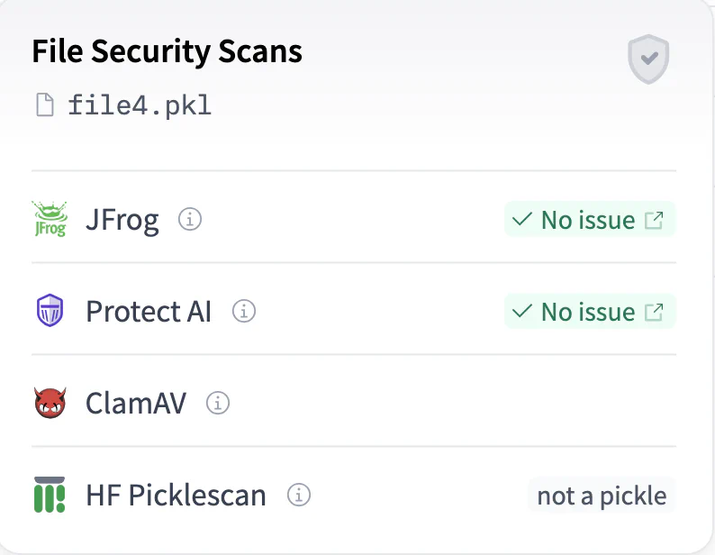 Figure 1: A pickle file containing dangerous imports on Hugging Face, currently undetected