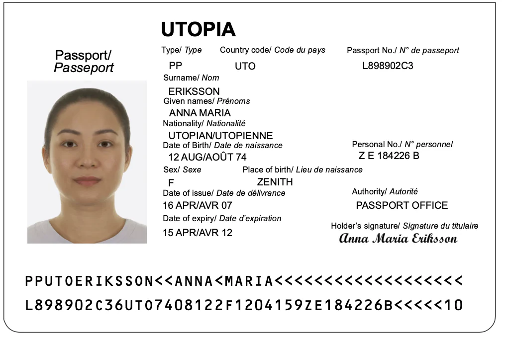 Image showing an example passport with MRZ