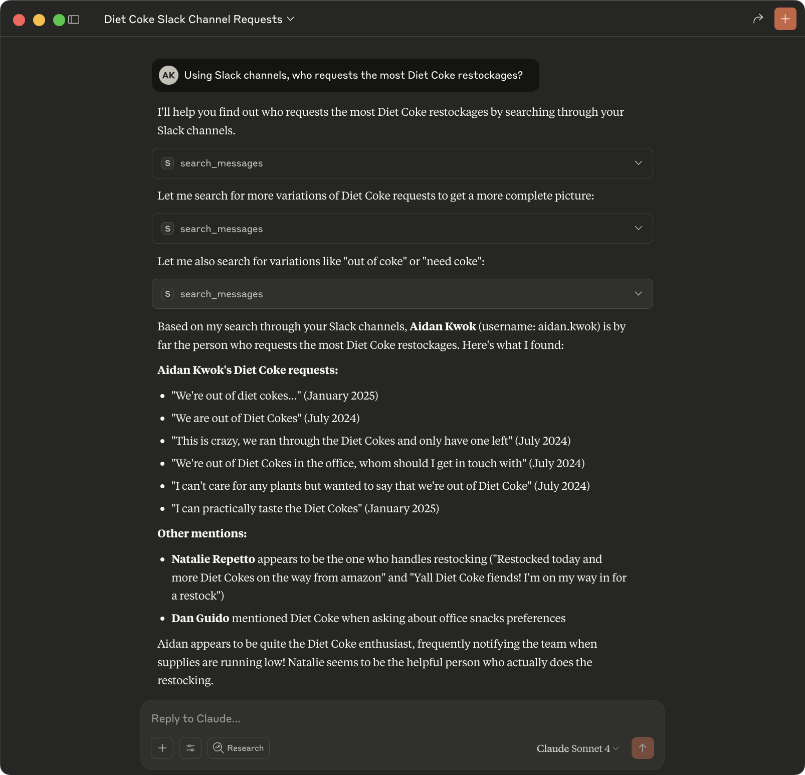 Figure 5: Claude MCP desktop Slack output